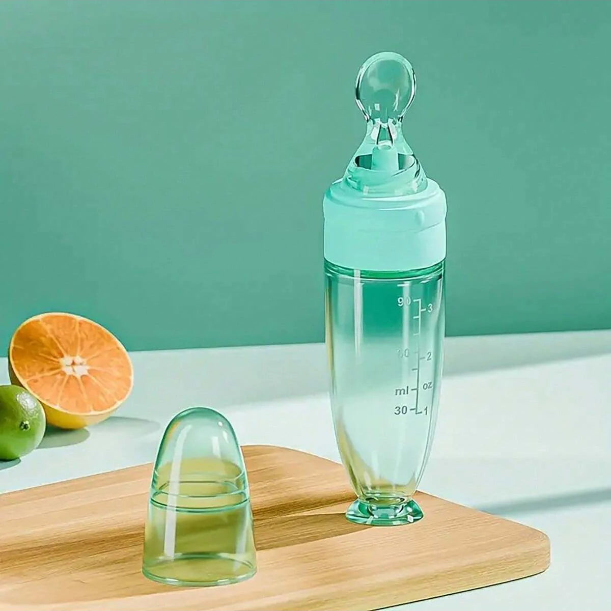 90ml Colourful Silicone Baby Bottle Feeder | Soft Spoon, Suction Cup & Dust Cap | Portable Squeeze Bottle