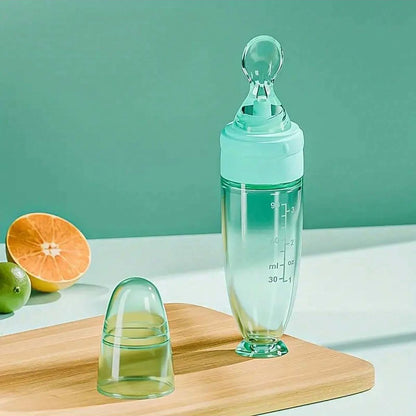 90ml Colourful Silicone Baby Bottle Feeder | Soft Spoon, Suction Cup & Dust Cap | Portable Squeeze Bottle