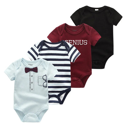 Baby Cartoon Cotton Romper 4-Piece Set | Short Sleeve Newborn Bodysuit 3-12 Months