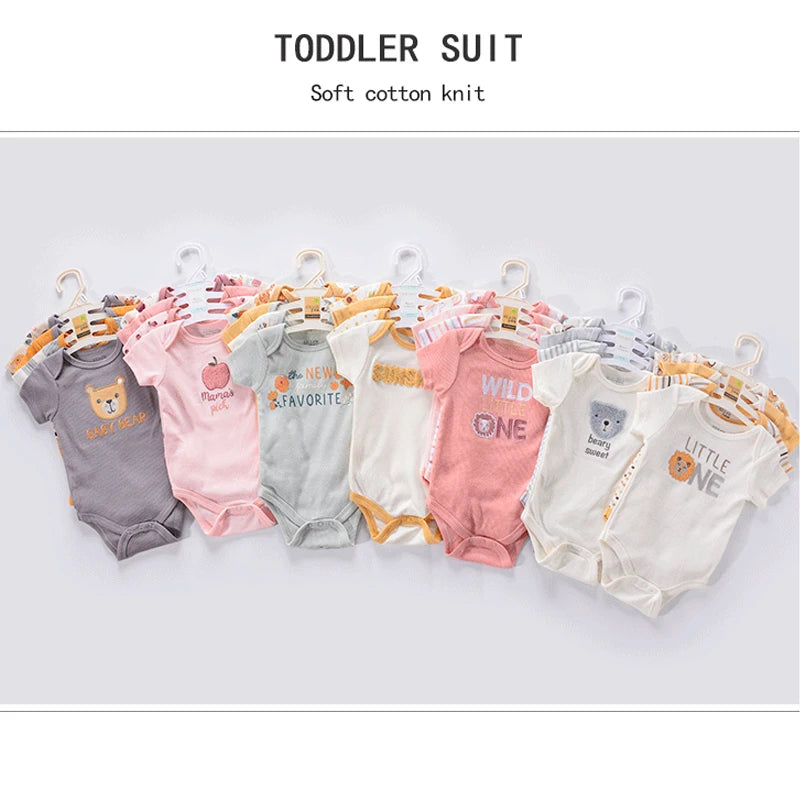 Baby Cartoon Cotton Romper 4-Piece Set | Short Sleeve Newborn Bodysuit 3-12 Months