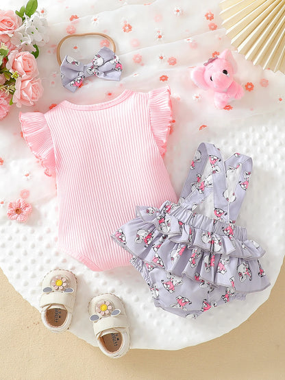 Baby Girl Elephant Print T-Shirt, Headband & Overalls Set