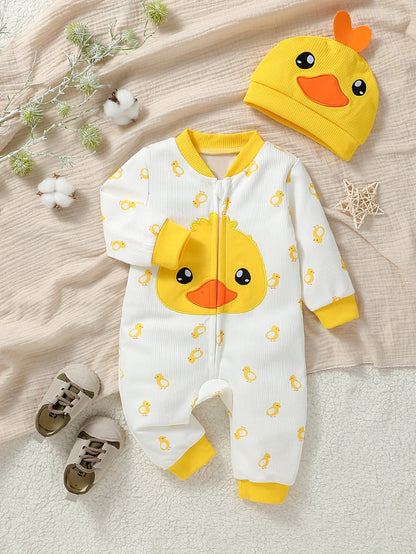 Baby Duck Zipper Jumpsuit & Hat Set