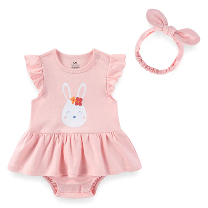 Baby Girl Cartoon Bodysuit & Bow Headband Set | Flutter Sleeve 100% Cotton 0-24M