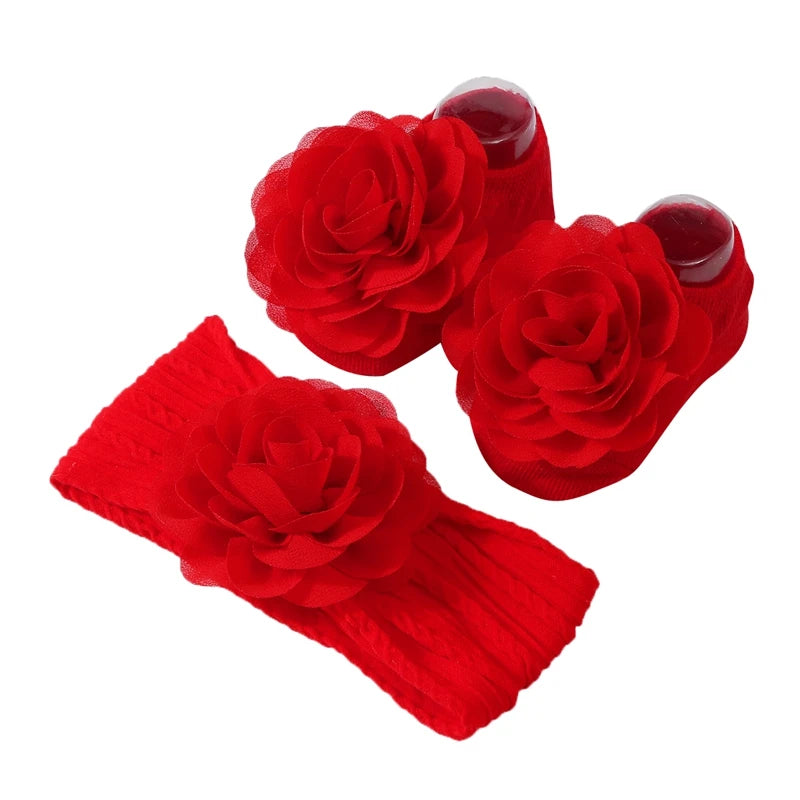 Baby Girl Flower Socks & Headband Set | Soft Knitted 2-Piece 0-12 Months