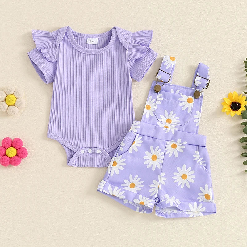 Baby Girl Flower Print Romper & Suspender Shorts Set | Summer Outfit 0-18 Months