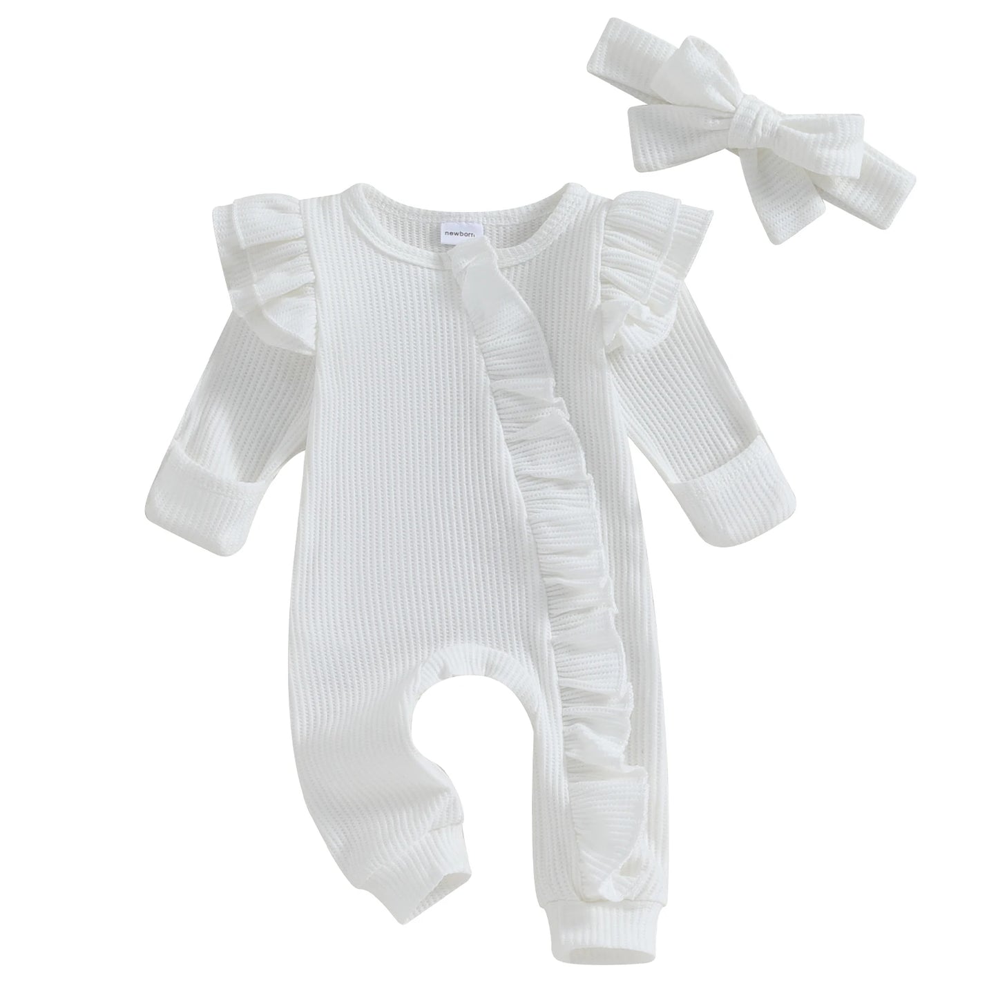 Baby Girl Ruffle Sleeve Zipper Romper & Bow Headband Set | Solid Colour 0-12 Months