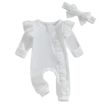 Baby Girl Ruffle Sleeve Zipper Romper & Bow Headband Set | Solid Colour 0-12 Months