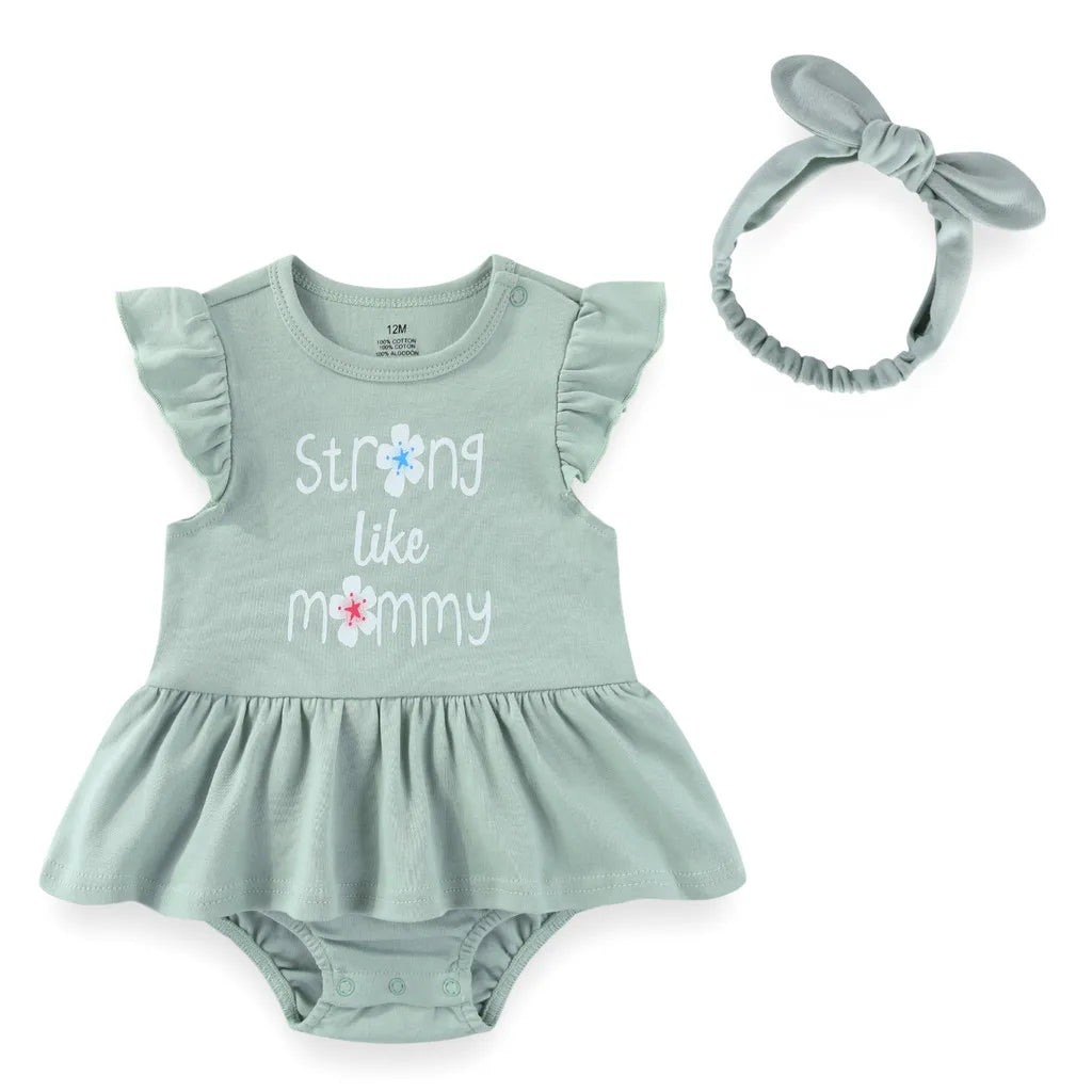 Baby Girl Cartoon Bodysuit & Bow Headband Set | Flutter Sleeve 100% Cotton 0-24M