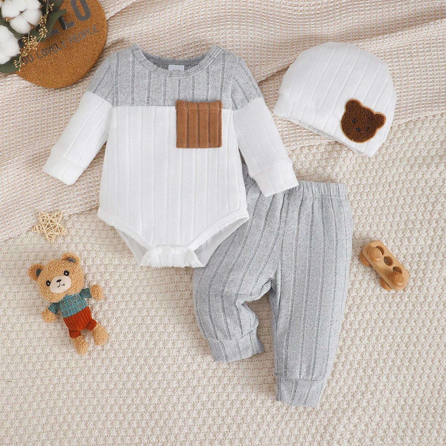 Newborn Baby Boy 3-Piece Set | Bodysuit, Pants & Hat 1-18 Months
