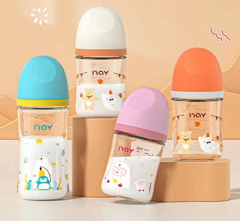 Colourful Cartoon Anti-Choke Glass Baby Bottle | 160ml & 240ml | 0-9 Months