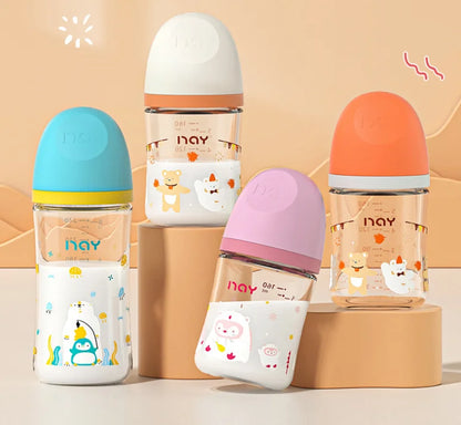 Colourful Cartoon Anti-Choke Glass Baby Bottle | 160ml & 240ml | 0-9 Months