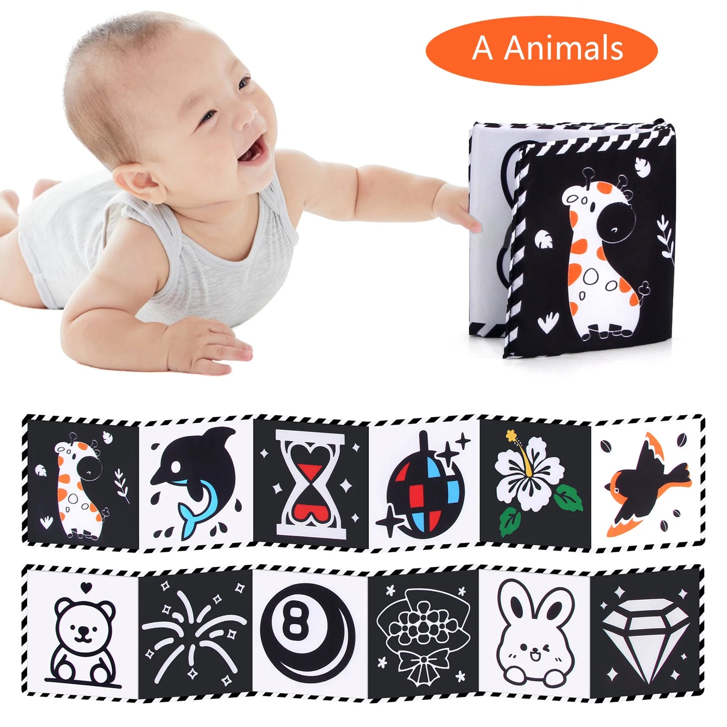 High Contrast Sensory Cloth Book for Babies | Black & White Montessori Newborn Toy