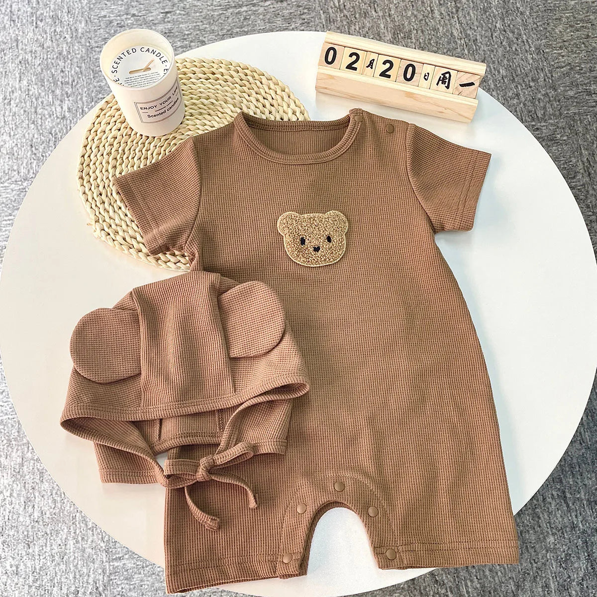 Baby Waffle Bear Romper & Hat Set | Short Sleeve Newborn Jumpsuit 0-24 Months