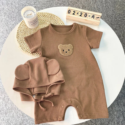 Baby Waffle Bear Romper & Hat Set | Short Sleeve Newborn Jumpsuit 0-24 Months