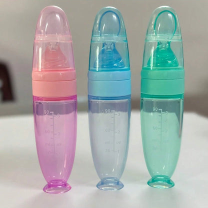 90ml Colourful Silicone Baby Bottle Feeder | Soft Spoon, Suction Cup & Dust Cap | Portable Squeeze Bottle