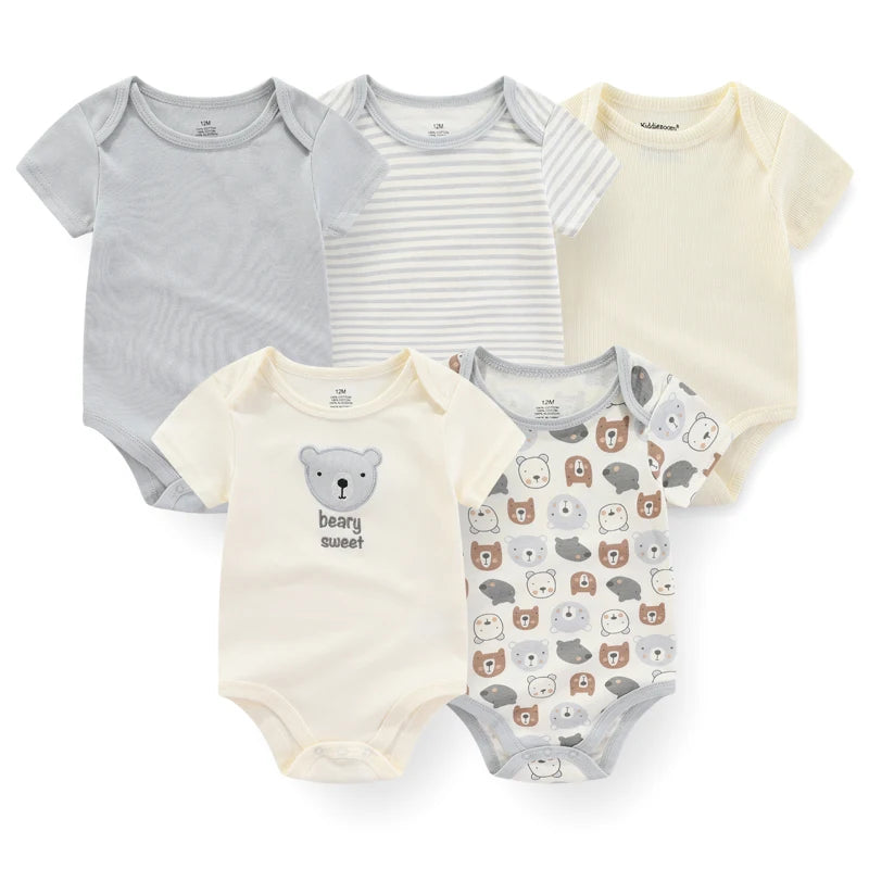 Baby Unisex Cotton Bodysuit 5-Pack | Short Sleeve Cartoon Print 0-12 Months