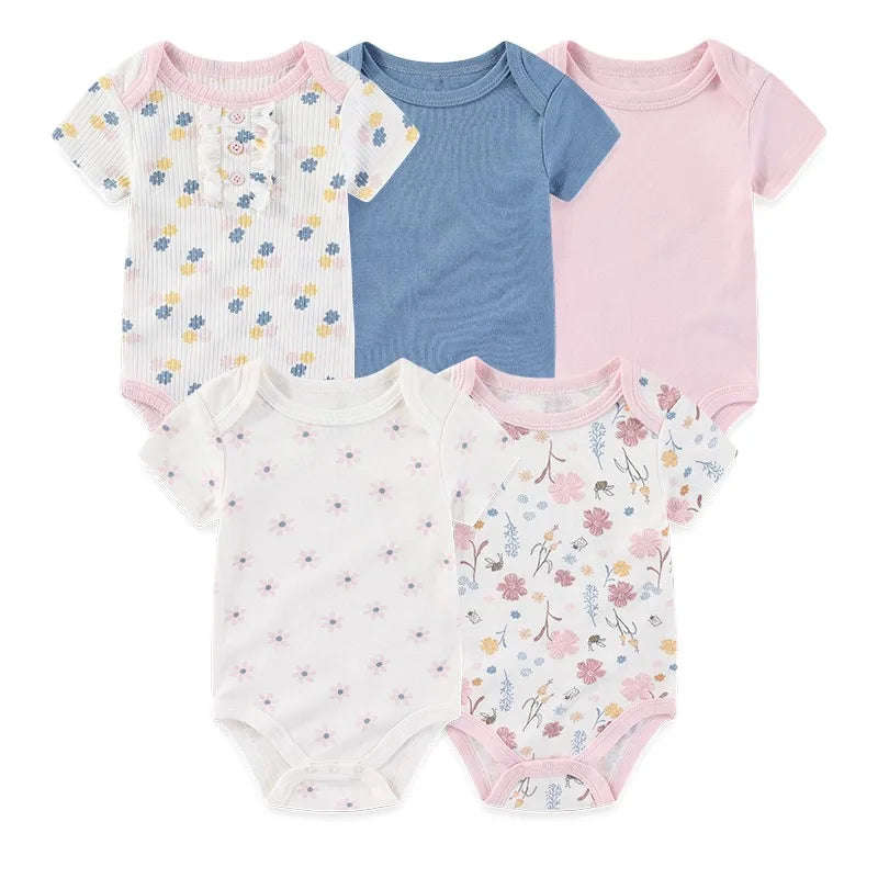 Baby Unisex Cotton Bodysuit 5-Pack | Short Sleeve Cartoon Print 0-12 Months