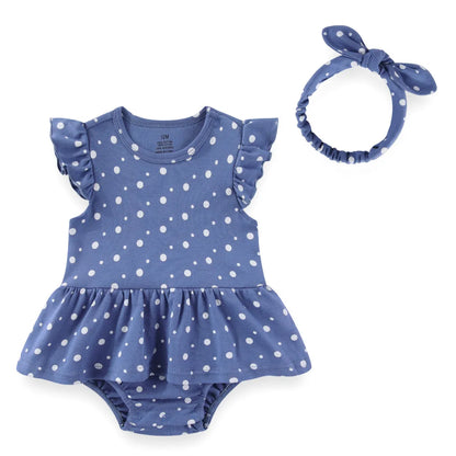 Baby Girl Cartoon Bodysuit & Bow Headband Set | Flutter Sleeve 100% Cotton 0-24M