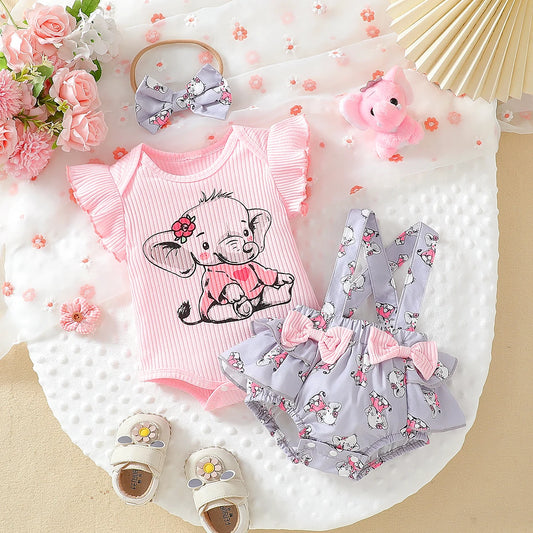 Baby Girl Elephant Print T-Shirt, Headband & Overalls Set
