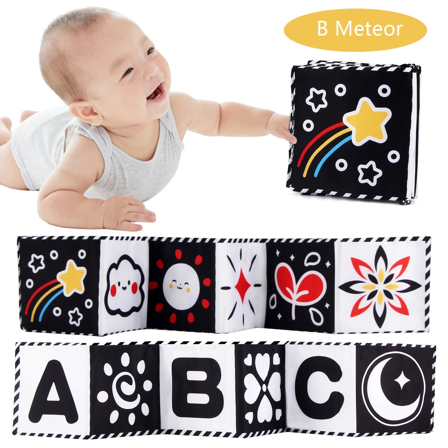 High Contrast Sensory Cloth Book for Babies | Black & White Montessori Newborn Toy