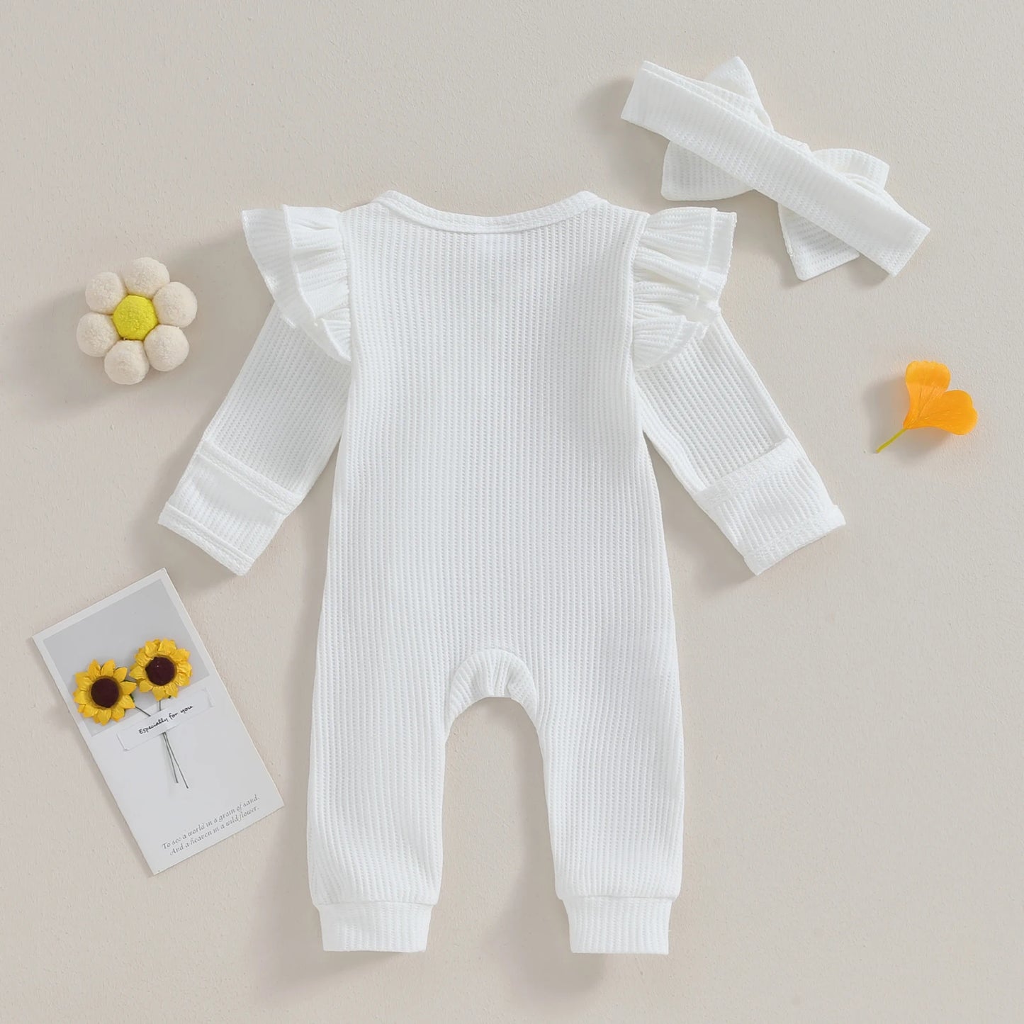 Baby Girl Ruffle Sleeve Zipper Romper & Bow Headband Set | Solid Colour 0-12 Months
