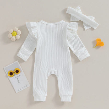 Baby Girl Ruffle Sleeve Zipper Romper & Bow Headband Set | Solid Colour 0-12 Months