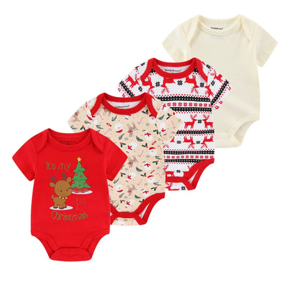 Baby Cartoon Cotton Romper 4-Piece Set | Short Sleeve Newborn Bodysuit 3-12 Months