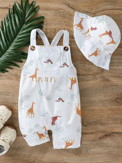Baby Boy Cartoon Animal Sleeveless Jumpsuit & Hat Set