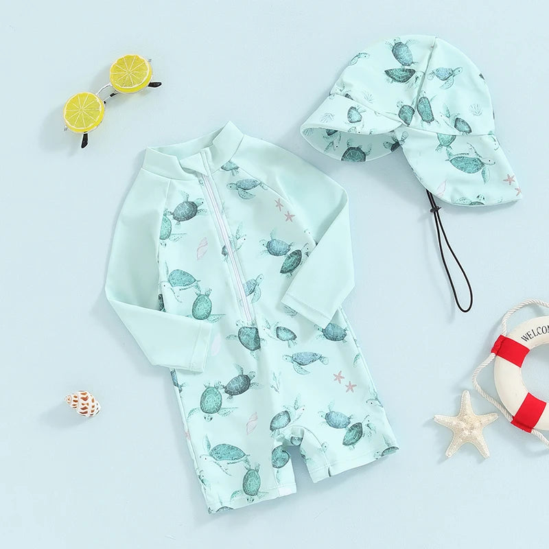 Baby Boy Whale Print Rash Guard & Sun Hat Swimwear Set | 0-3 Years