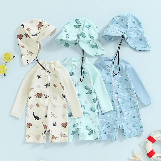 Baby Boy Whale Print Rash Guard & Sun Hat Swimwear Set | 0-3 Years