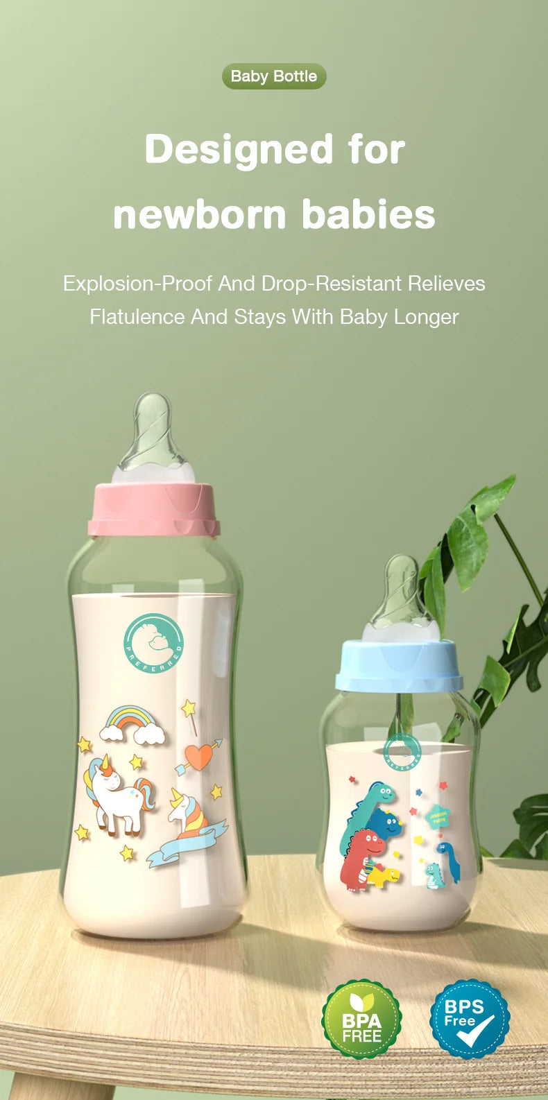 Baby Bottle with Gravity Ball & Handle | 150/240ml Anti-Spill Newborn Feeding Bottle, BPA-Free