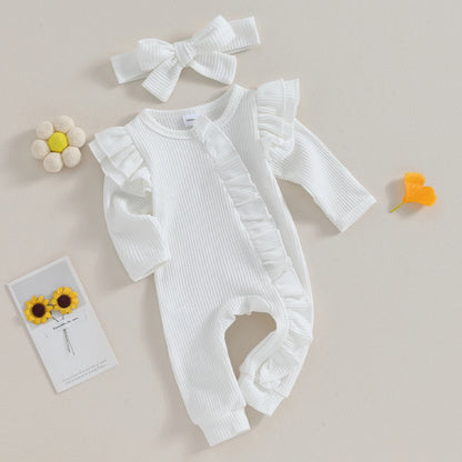 Baby Girl Ruffle Sleeve Zipper Romper & Bow Headband Set | Solid Colour 0-12 Months