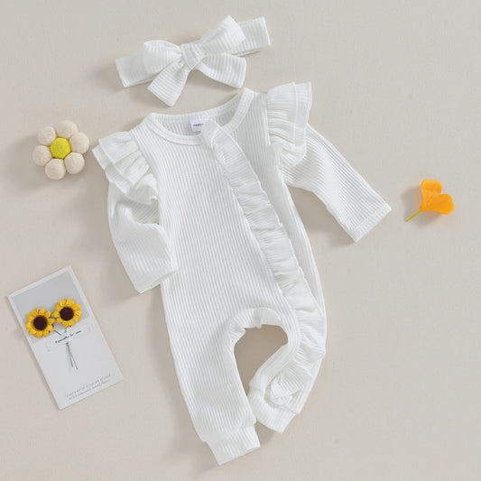 Baby Girl Ruffle Sleeve Zipper Romper & Bow Headband Set | Solid Colour 0-12 Months