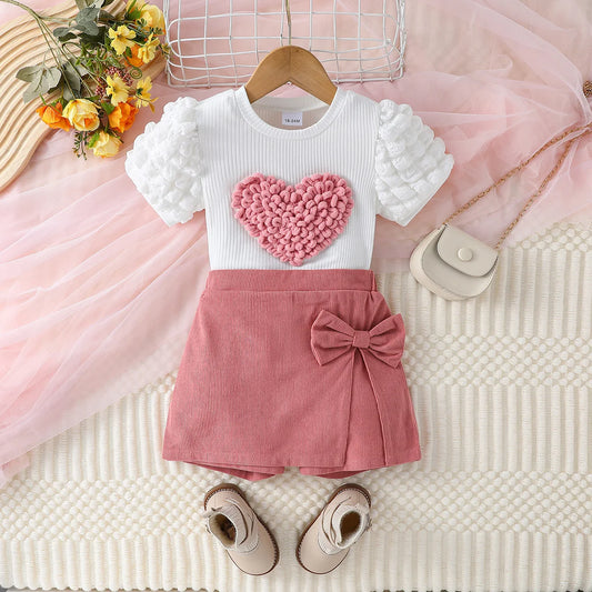 Girls Heart Puff Sleeve Top & Bow Shorts Set