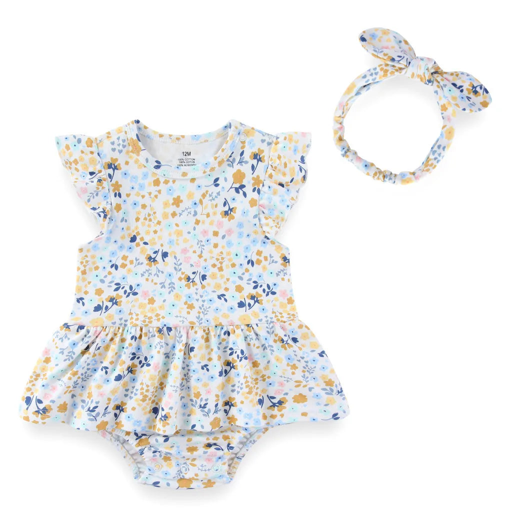 Baby Girl Cartoon Bodysuit & Bow Headband Set | Flutter Sleeve 100% Cotton 0-24M