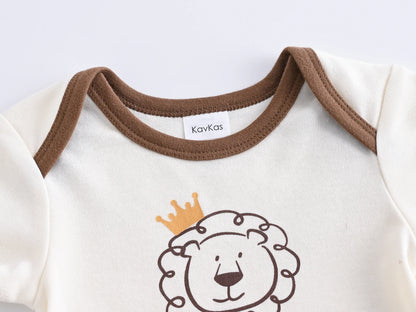 Baby Cotton Bodysuit 3-Pack | Lion Print Short Sleeve Romper 0-12 Months