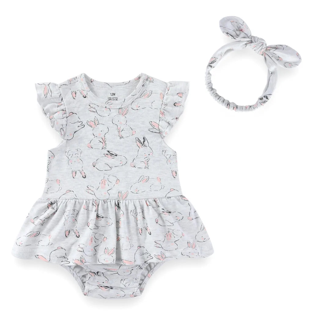 Baby Girl Cartoon Bodysuit & Bow Headband Set | Flutter Sleeve 100% Cotton 0-24M