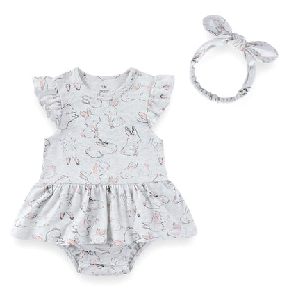 Baby Girl Cartoon Bodysuit & Bow Headband Set | Flutter Sleeve 100% Cotton 0-24M