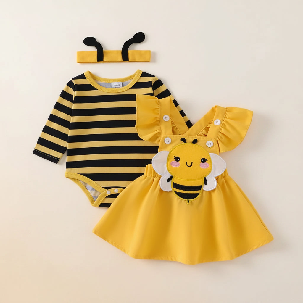 Baby Girl Embroidery Romper & Suspender Dress Set with Headband | 0-18 Months