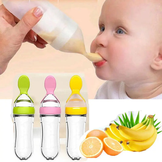 Silicone Baby Squeeze Feeding Bottle with Spoon | Rice Cereal & Food Supplement Feeder