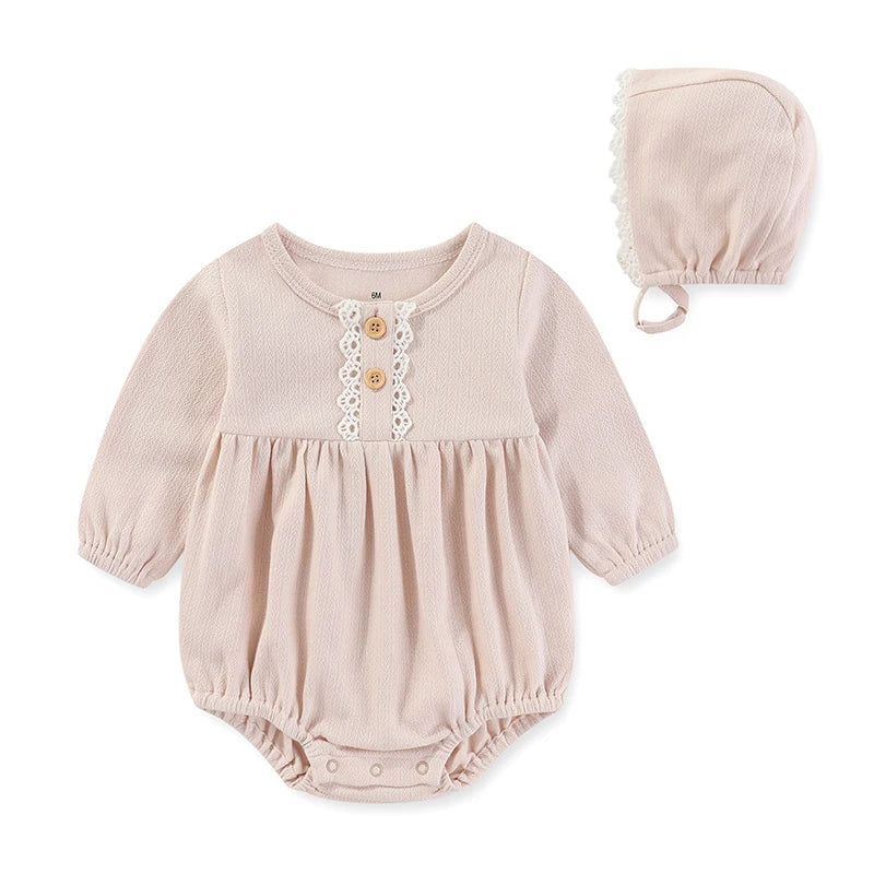 Baby Girl Cotton Lace Bodysuit & Hat Set | Long Sleeve 0-24 Months