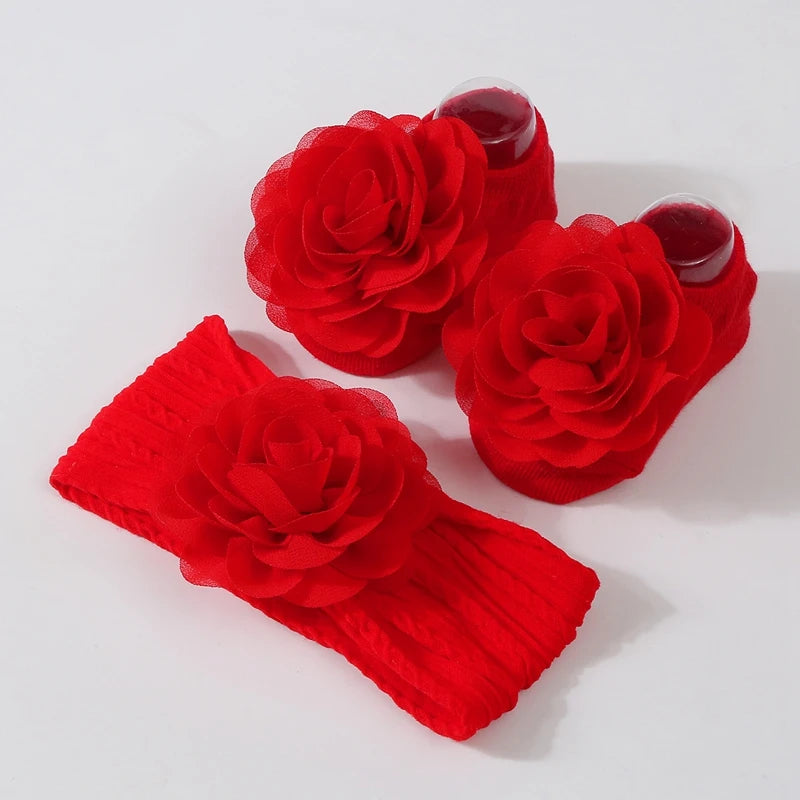 Baby Girl Flower Socks & Headband Set | Soft Knitted 2-Piece 0-12 Months