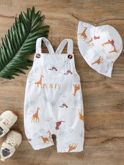 Baby Boy Cartoon Animal Sleeveless Jumpsuit & Hat Set