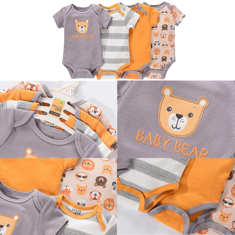 Baby Cartoon Cotton Romper 4-Piece Set | Short Sleeve Newborn Bodysuit 3-12 Months
