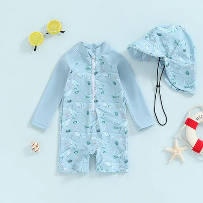 Baby Boy Whale Print Rash Guard & Sun Hat Swimwear Set | 0-3 Years