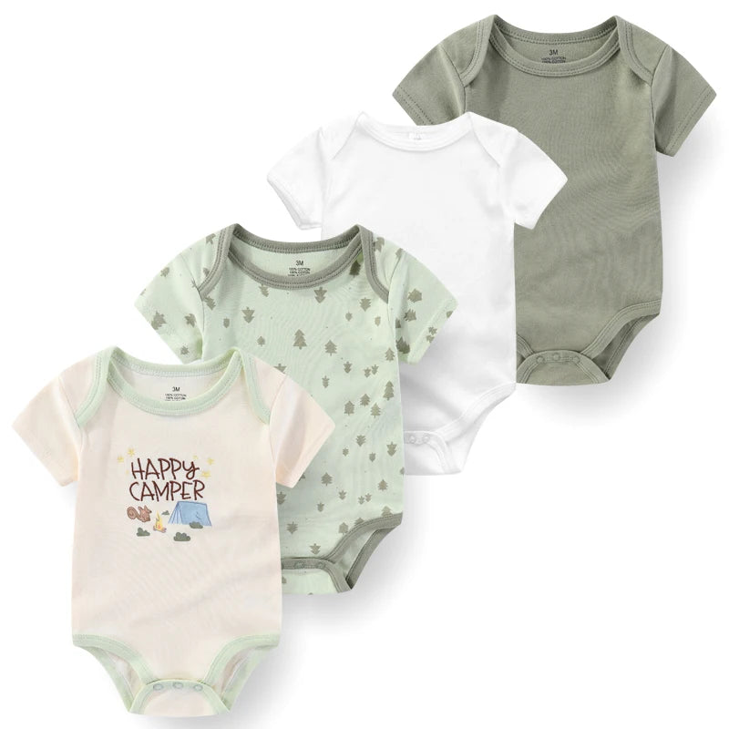 Baby Cartoon Cotton Romper 4-Piece Set | Short Sleeve Newborn Bodysuit 3-12 Months