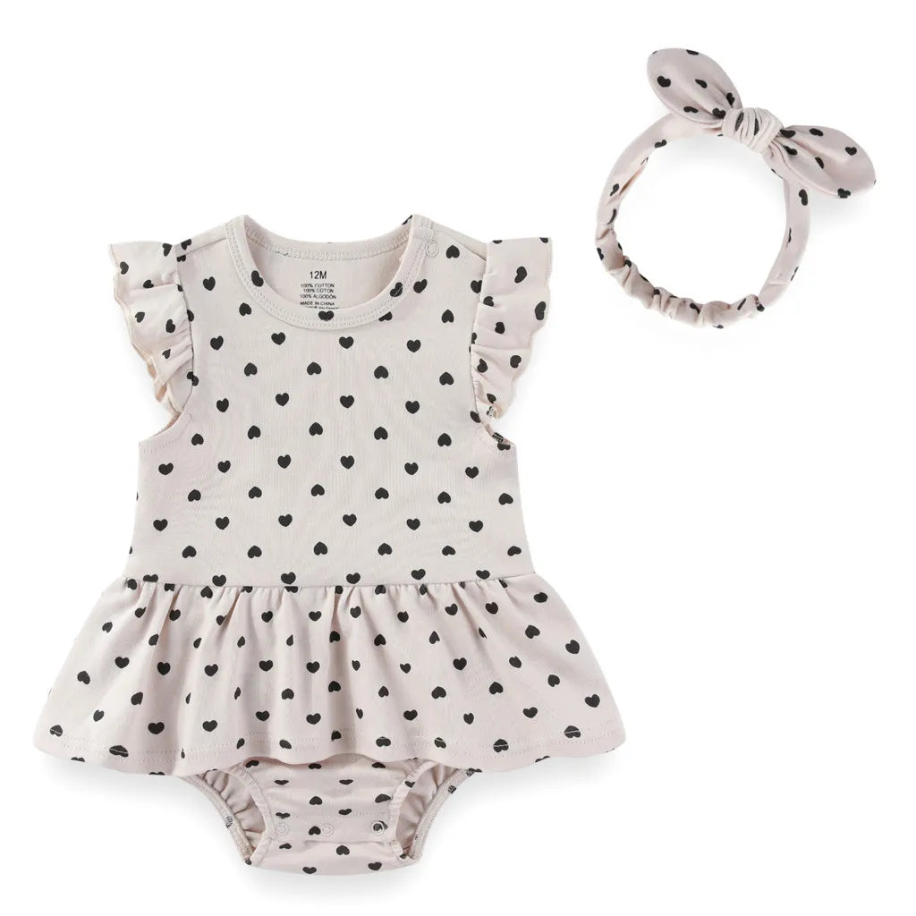 Baby Girl Cartoon Bodysuit & Bow Headband Set | Flutter Sleeve 100% Cotton 0-24M
