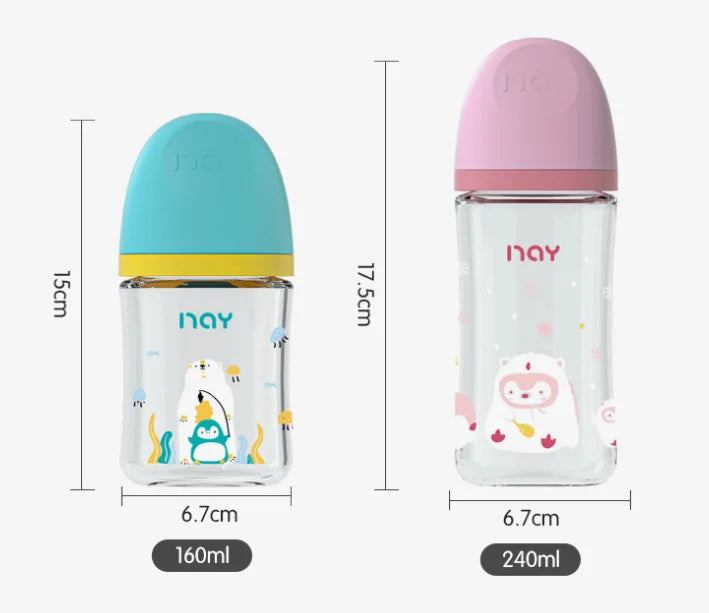 Colourful Cartoon Anti-Choke Glass Baby Bottle | 160ml & 240ml | 0-9 Months