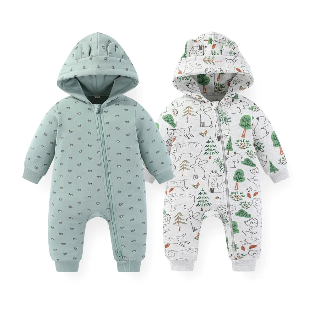 Baby Unisex Cotton Hooded Romper 2-Pack | 2-Way Zipper Long Sleeve 0-24 Months