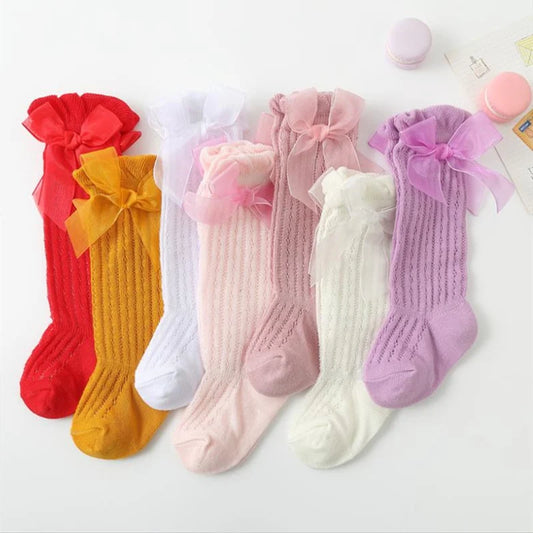 Baby Girls Over-The-Knee Bow Stockings | Breathable Cotton Socks 0-24 Months